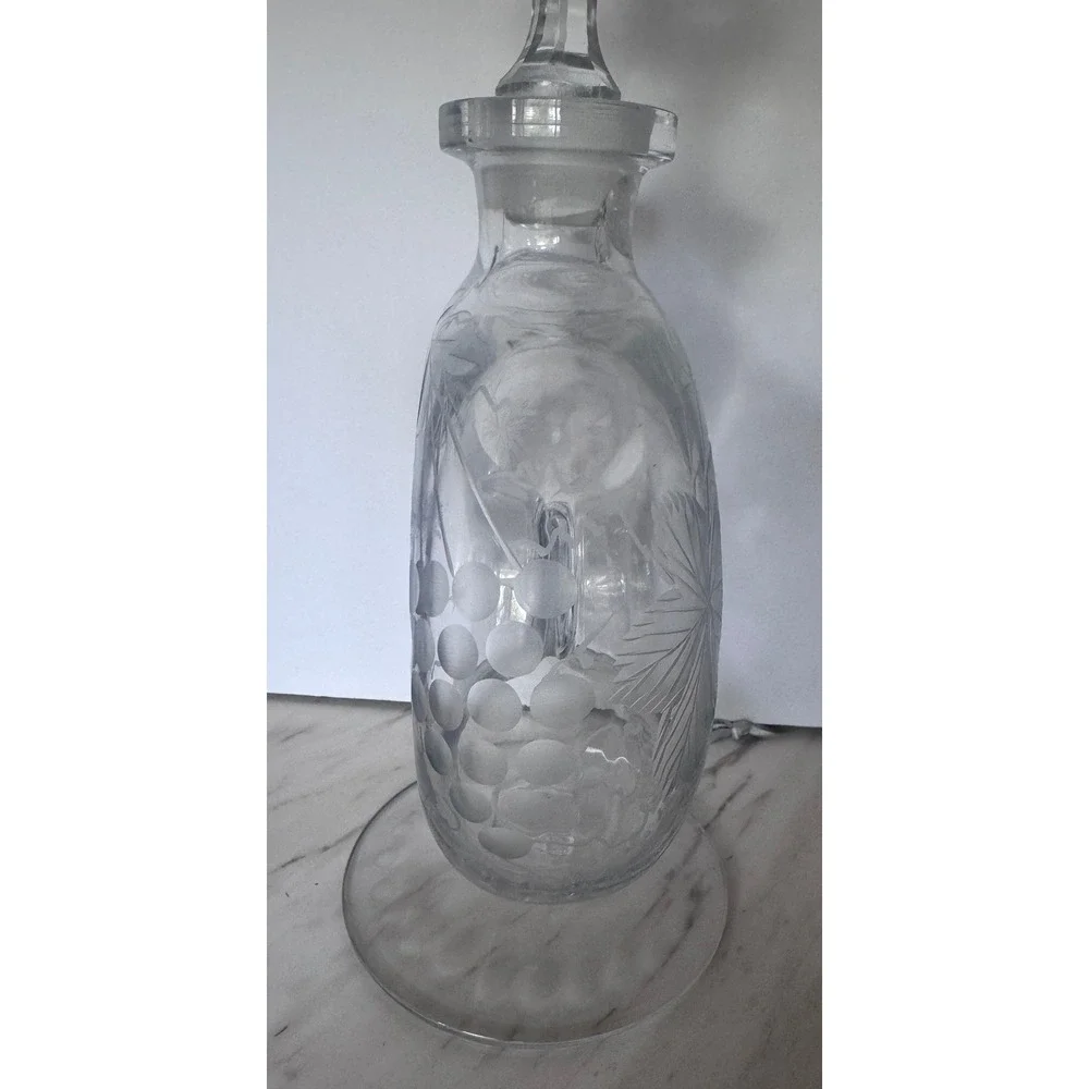 Vintage Etched Glass Donut Decanter Grape Vine Motif Faceted Stopper Clear